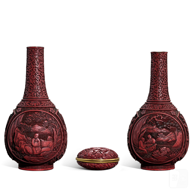 A pair of cinnabar lacquer vases and a box and cover, Ming dynasty, 16th century - Qing dynasty, 19th century | 明十六世紀至清十九世紀 剔紅香盒一件及長頸瓶一對